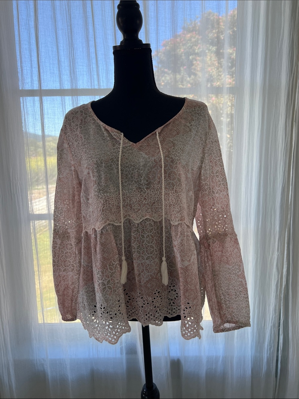 Style & Co. Pale Pink Lace Peasant Tunic with Tassel Detail